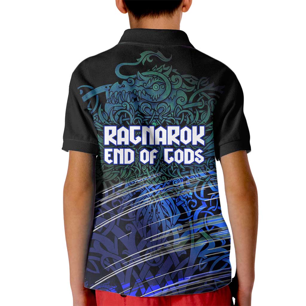 Fenrir Kid Polo Shirt with Blue Wolf, Runes and Ragnarok End of Gods Tribute - Wonder Print Shop