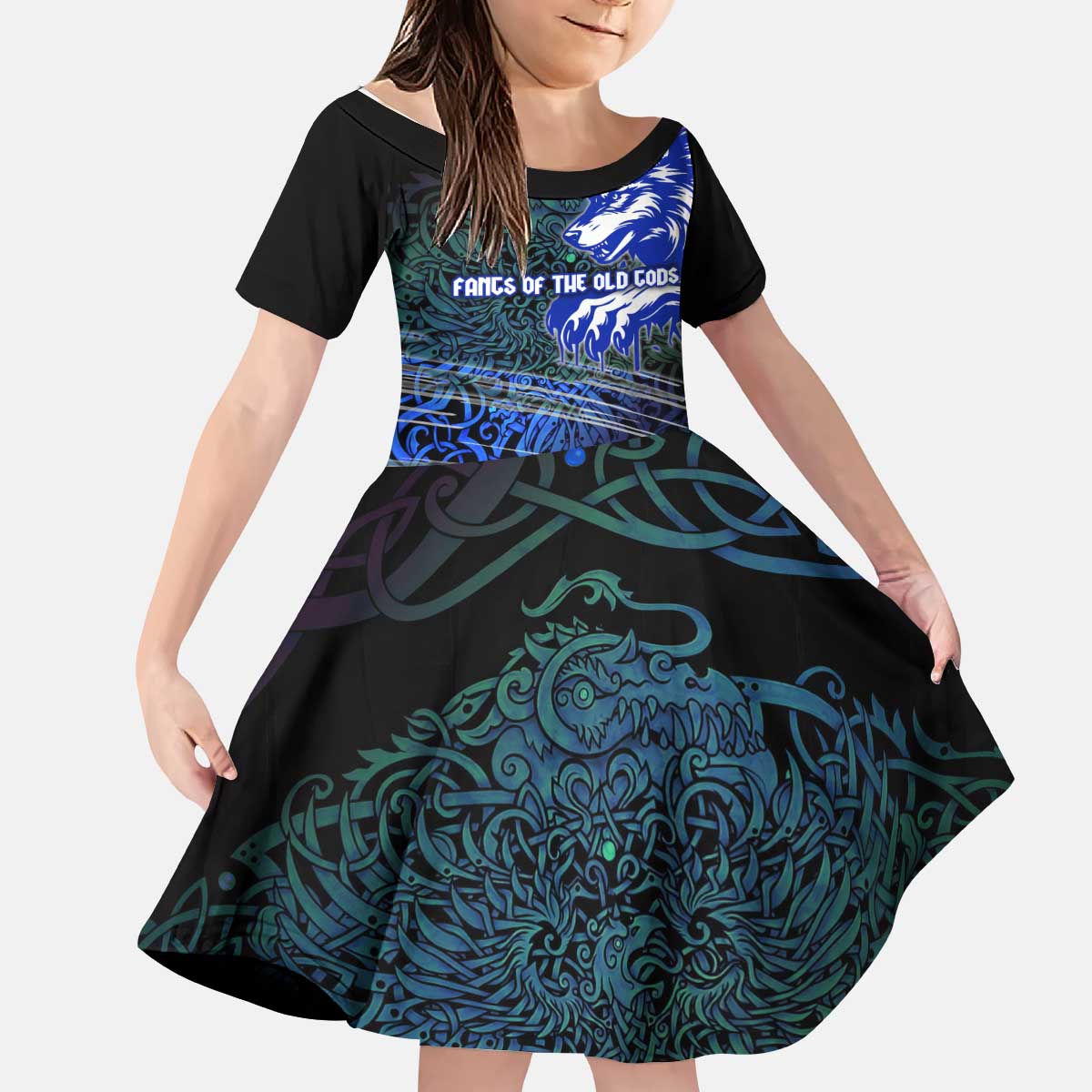 Fenrir Kid Short Sleeve Dress with Blue Wolf, Runes and Ragnarok End of Gods Tribute - Wonder Print Shop