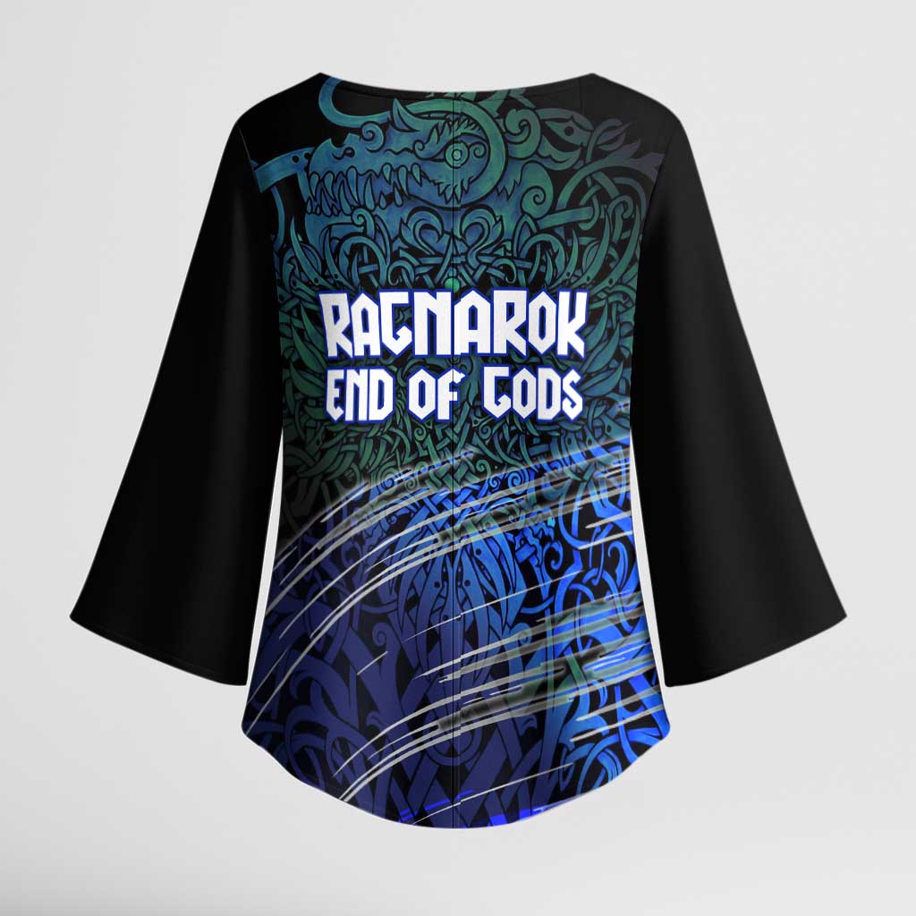 Fenrir Kimono Sleeve Blouse with Blue Wolf, Runes and Ragnarok End of Gods Tribute - Wonder Print Shop
