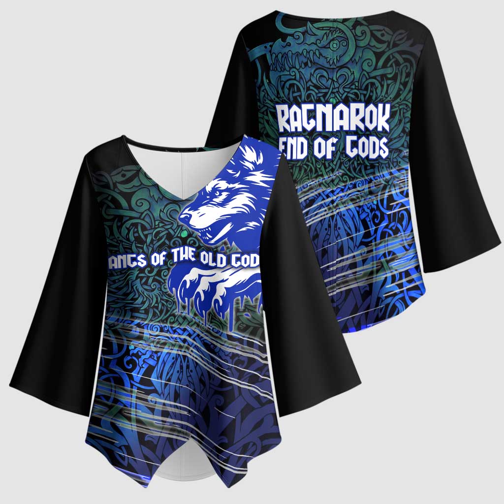 Fenrir Kimono Sleeve Blouse with Blue Wolf, Runes and Ragnarok End of Gods Tribute - Wonder Print Shop