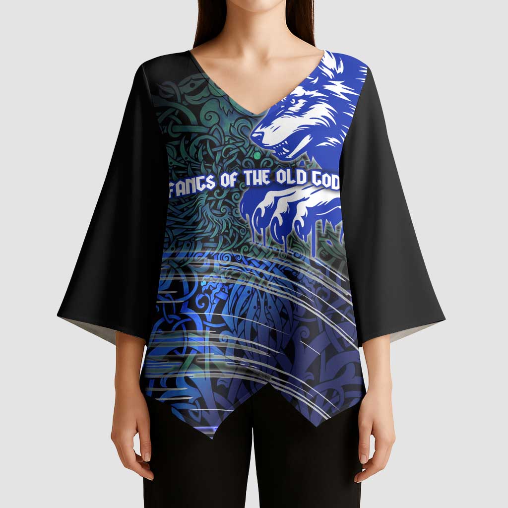 Fenrir Kimono Sleeve Blouse with Blue Wolf, Runes and Ragnarok End of Gods Tribute - Wonder Print Shop