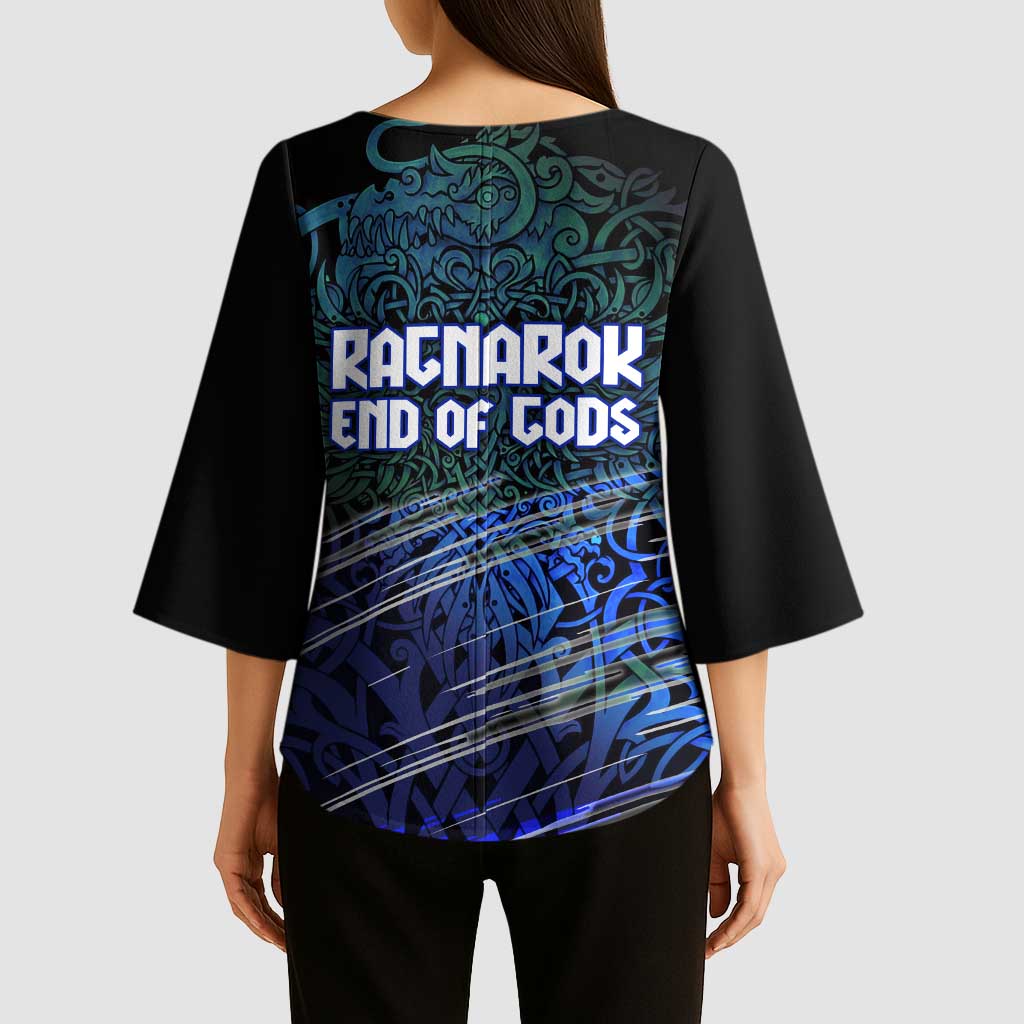 Fenrir Kimono Sleeve Blouse with Blue Wolf, Runes and Ragnarok End of Gods Tribute - Wonder Print Shop