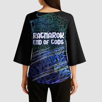 Fenrir Kimono Sleeve Blouse with Blue Wolf, Runes and Ragnarok End of Gods Tribute - Wonder Print Shop