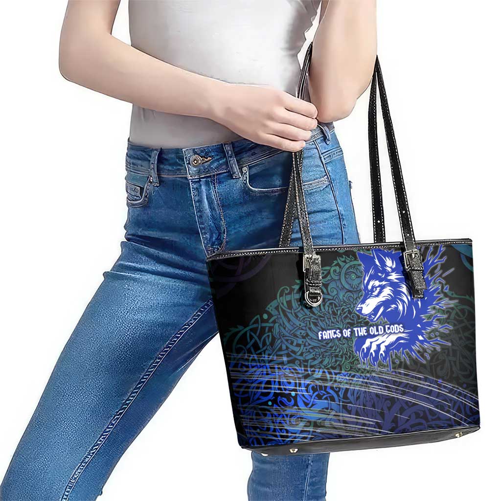 Fenrir Leather Tote Bag with Blue Wolf, Runes and Ragnarok End of Gods Tribute - Wonder Print Shop