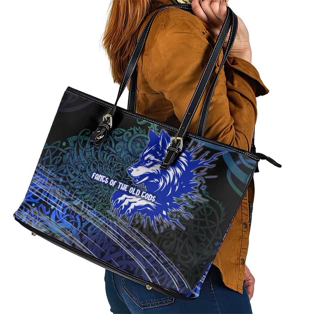Fenrir Leather Tote Bag with Blue Wolf, Runes and Ragnarok End of Gods Tribute - Wonder Print Shop