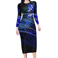 Fenrir Long Sleeve Bodycon Dress with Blue Wolf, Runes and Ragnarok End of Gods Tribute - Wonder Print Shop