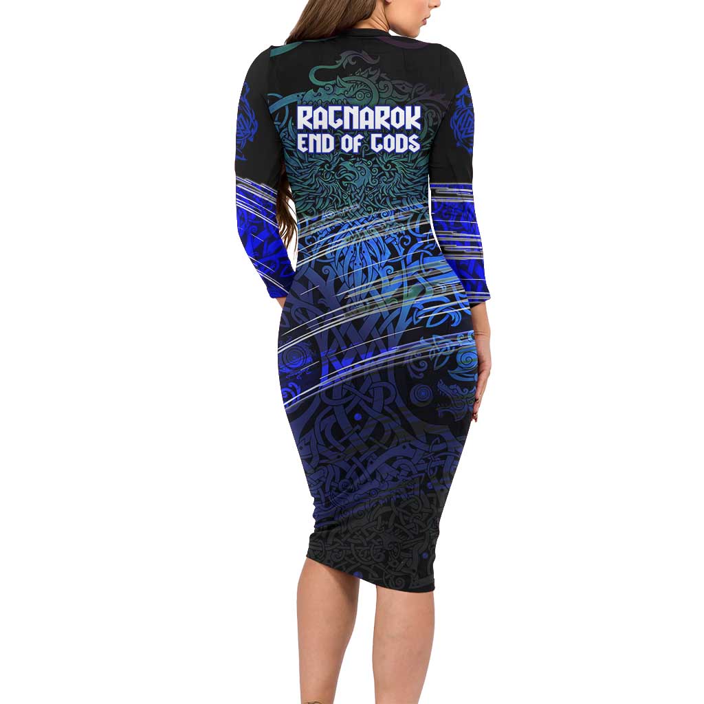 Fenrir Long Sleeve Bodycon Dress with Blue Wolf, Runes and Ragnarok End of Gods Tribute - Wonder Print Shop