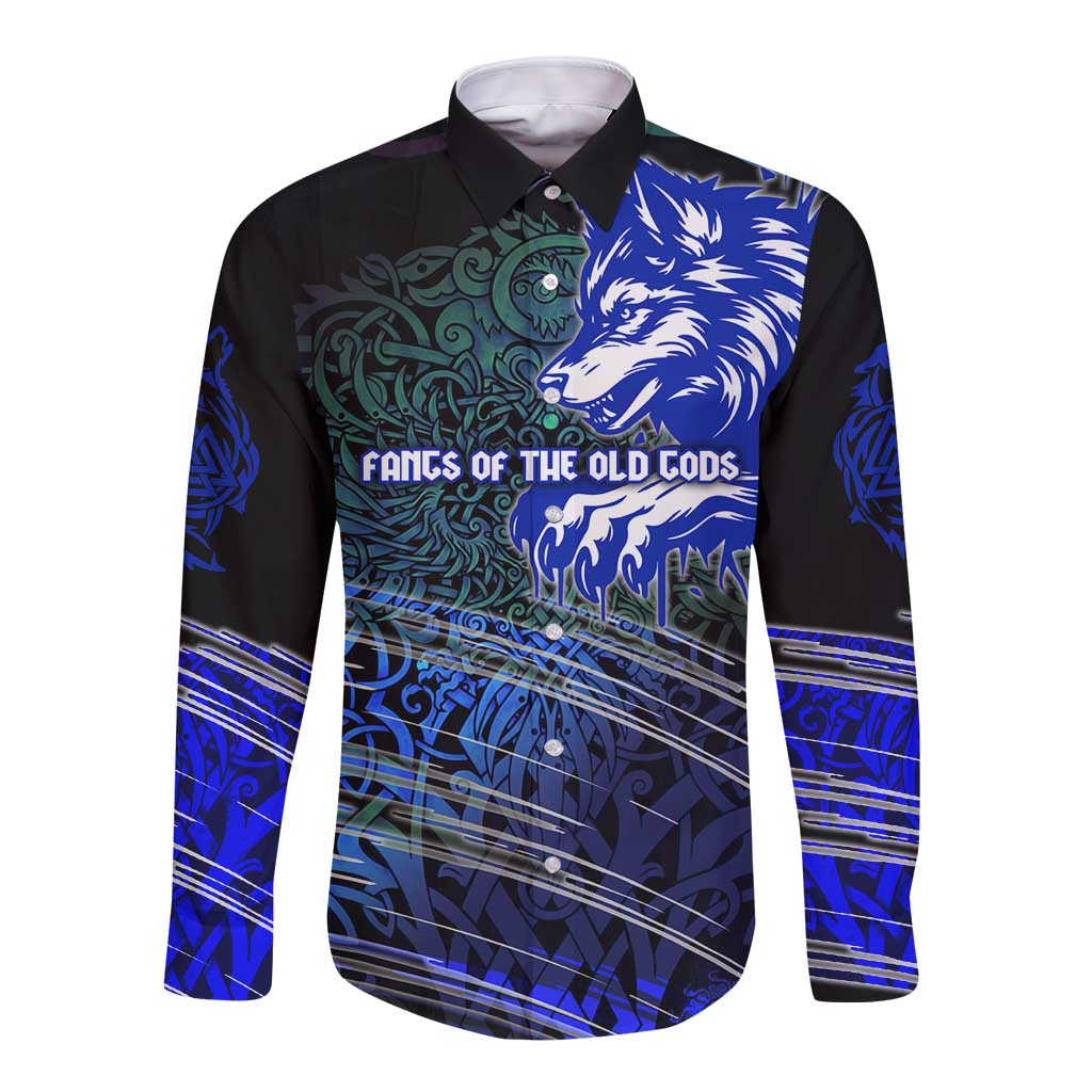 Fenrir Long Sleeve Button Shirt with Blue Wolf, Runes and Ragnarok End of Gods Tribute - Wonder Print Shop