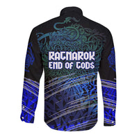 Fenrir Long Sleeve Button Shirt with Blue Wolf, Runes and Ragnarok End of Gods Tribute - Wonder Print Shop