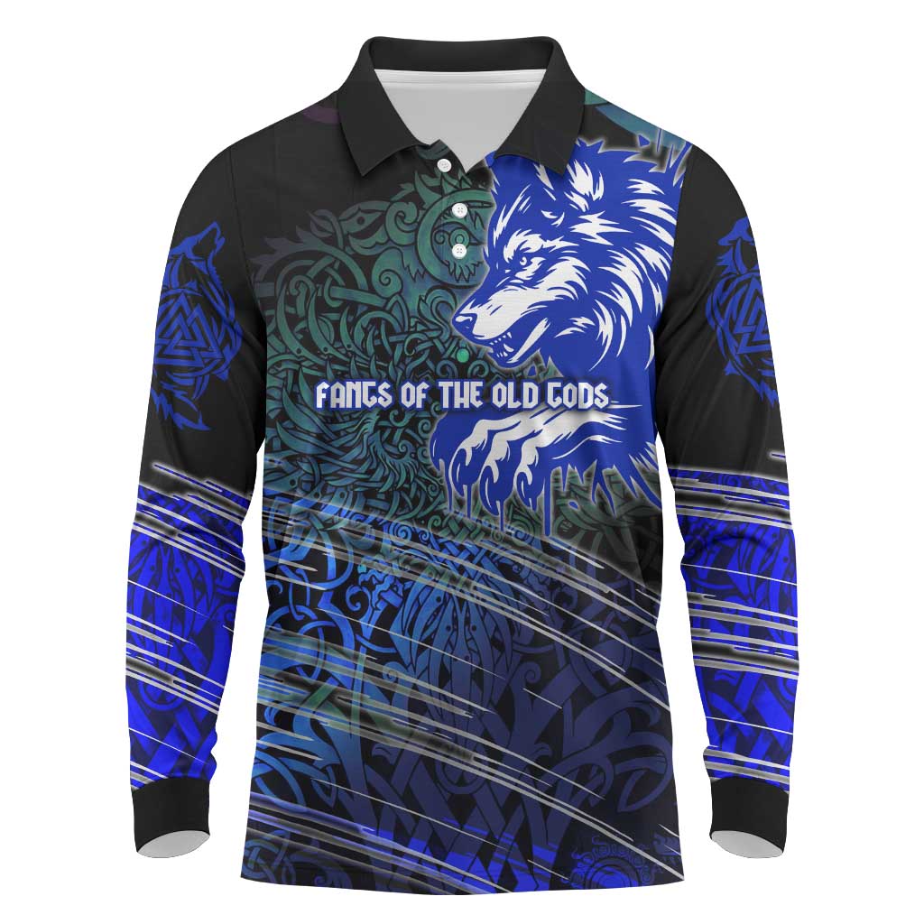 Fenrir Long Sleeve Polo Shirt with Blue Wolf, Runes and Ragnarok End of Gods Tribute - Wonder Print Shop