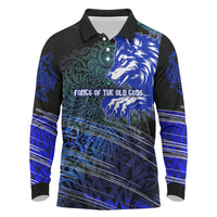 Fenrir Long Sleeve Polo Shirt with Blue Wolf, Runes and Ragnarok End of Gods Tribute - Wonder Print Shop