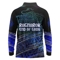 Fenrir Long Sleeve Polo Shirt with Blue Wolf, Runes and Ragnarok End of Gods Tribute - Wonder Print Shop