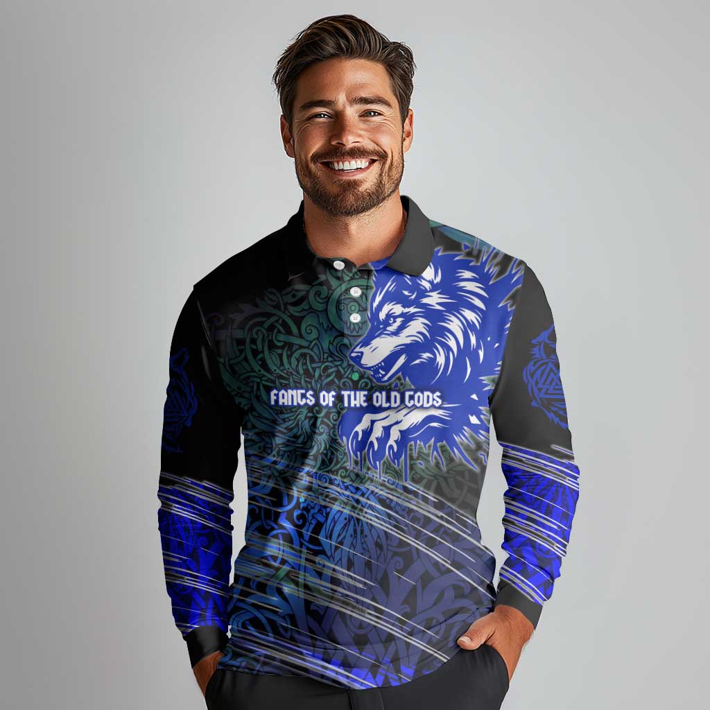 Fenrir Long Sleeve Polo Shirt with Blue Wolf, Runes and Ragnarok End of Gods Tribute - Wonder Print Shop
