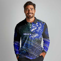 Fenrir Long Sleeve Polo Shirt with Blue Wolf, Runes and Ragnarok End of Gods Tribute - Wonder Print Shop