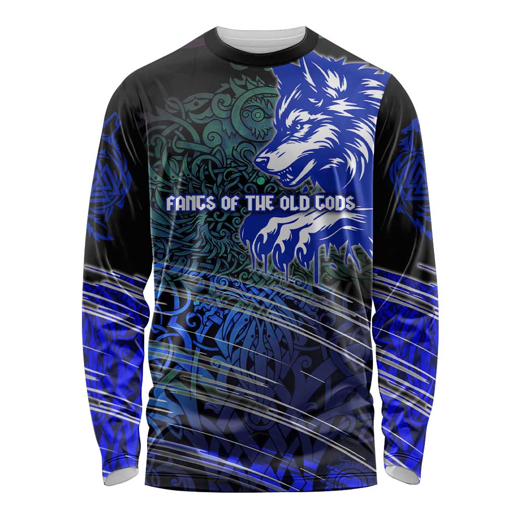 Fenrir Long Sleeve Shirt with Blue Wolf, Runes and Ragnarok End of Gods Tribute - Wonder Print Shop