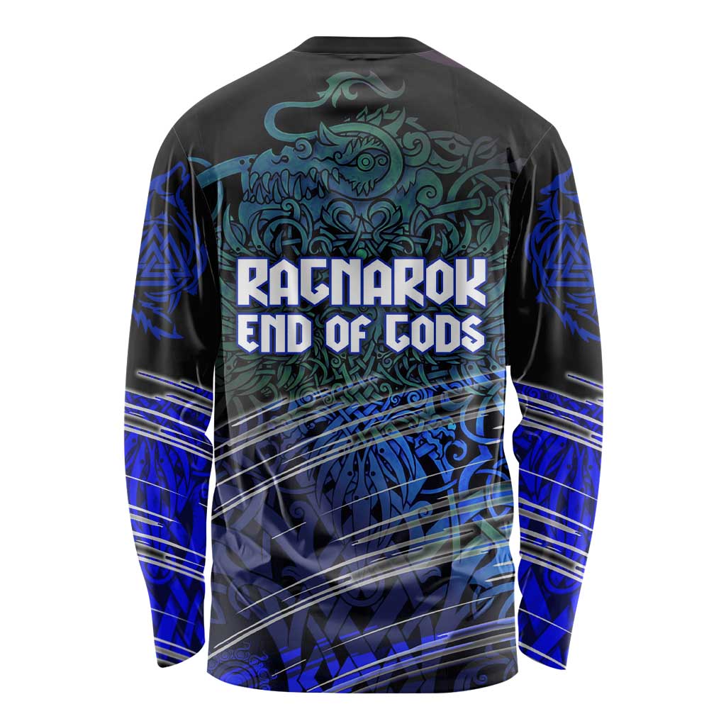 Fenrir Long Sleeve Shirt with Blue Wolf, Runes and Ragnarok End of Gods Tribute - Wonder Print Shop