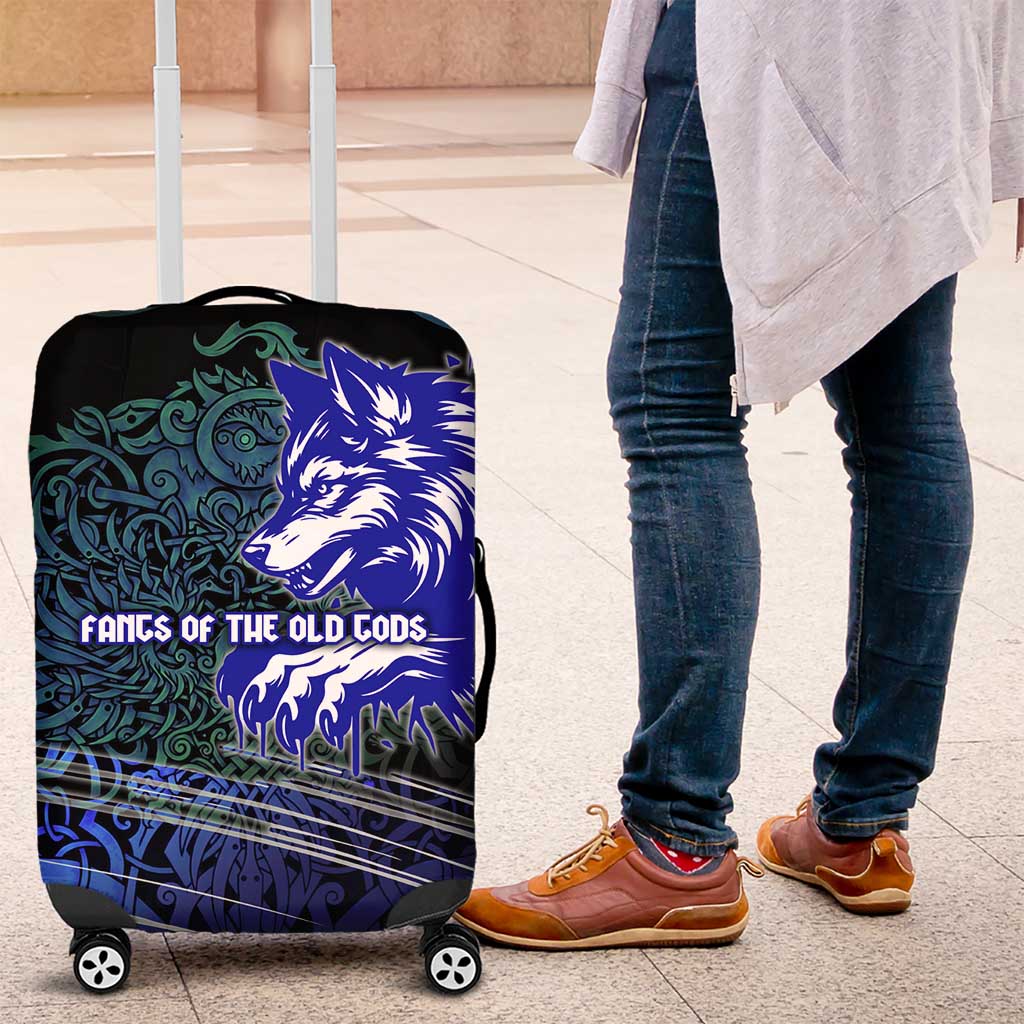 Fenrir Luggage Cover with Blue Wolf, Runes and Ragnarok End of Gods Tribute - Wonder Print Shop