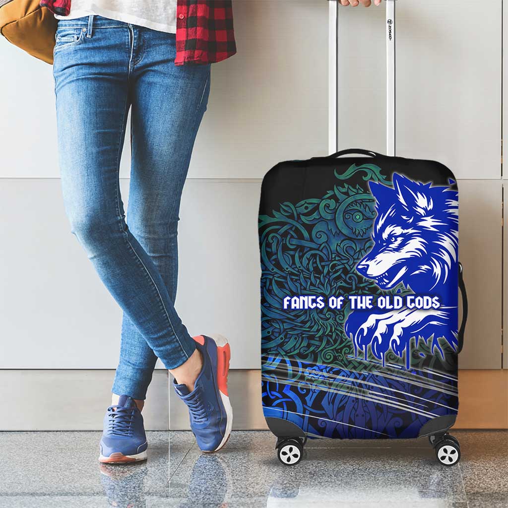 Fenrir Luggage Cover with Blue Wolf, Runes and Ragnarok End of Gods Tribute - Wonder Print Shop