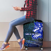 Fenrir Luggage Cover with Blue Wolf, Runes and Ragnarok End of Gods Tribute - Wonder Print Shop