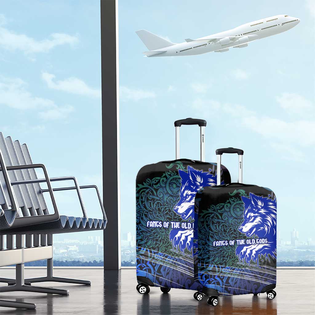 Fenrir Luggage Cover with Blue Wolf, Runes and Ragnarok End of Gods Tribute - Wonder Print Shop