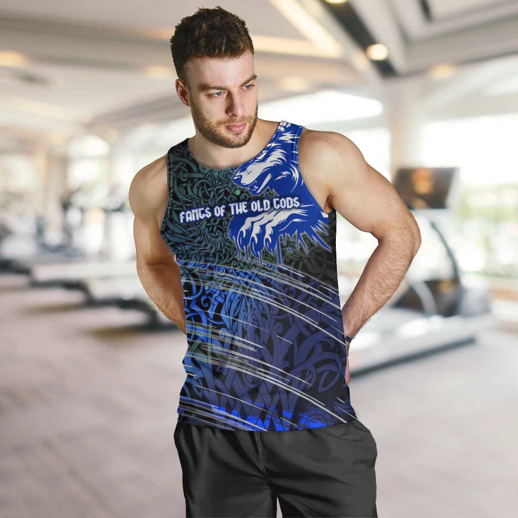 Fenrir Men Tank Top with Blue Wolf, Runes and Ragnarok End of Gods Tribute - Wonder Print Shop