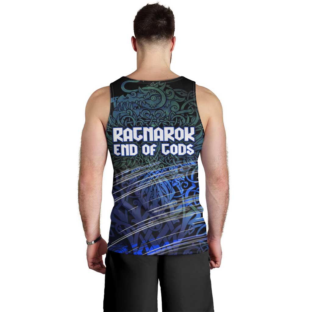 Fenrir Men Tank Top with Blue Wolf, Runes and Ragnarok End of Gods Tribute - Wonder Print Shop