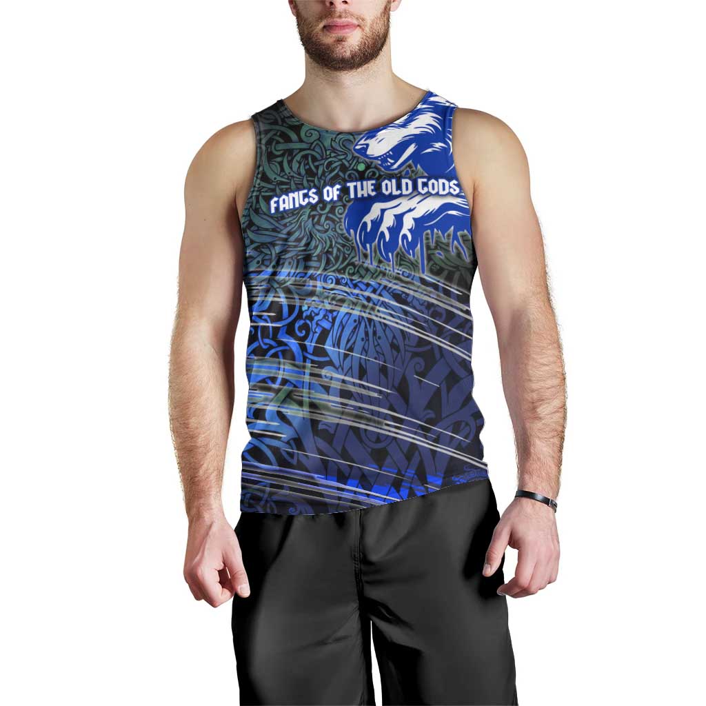Fenrir Men Tank Top with Blue Wolf, Runes and Ragnarok End of Gods Tribute - Wonder Print Shop