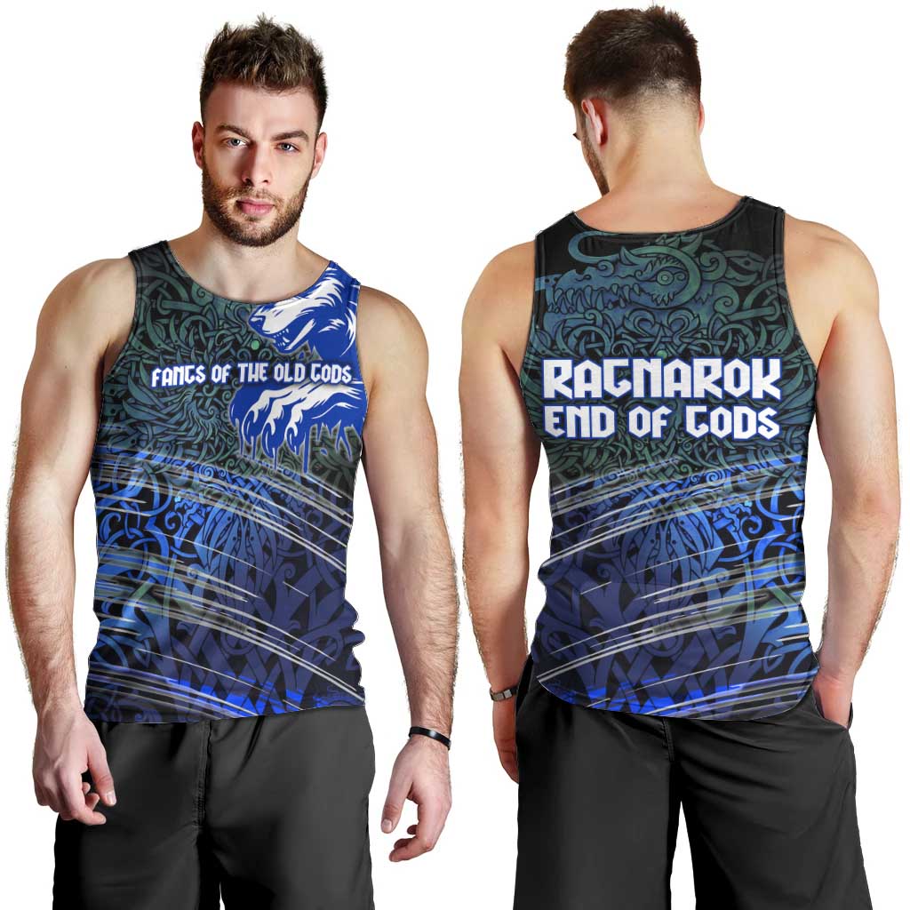 Fenrir Men Tank Top with Blue Wolf, Runes and Ragnarok End of Gods Tribute - Wonder Print Shop