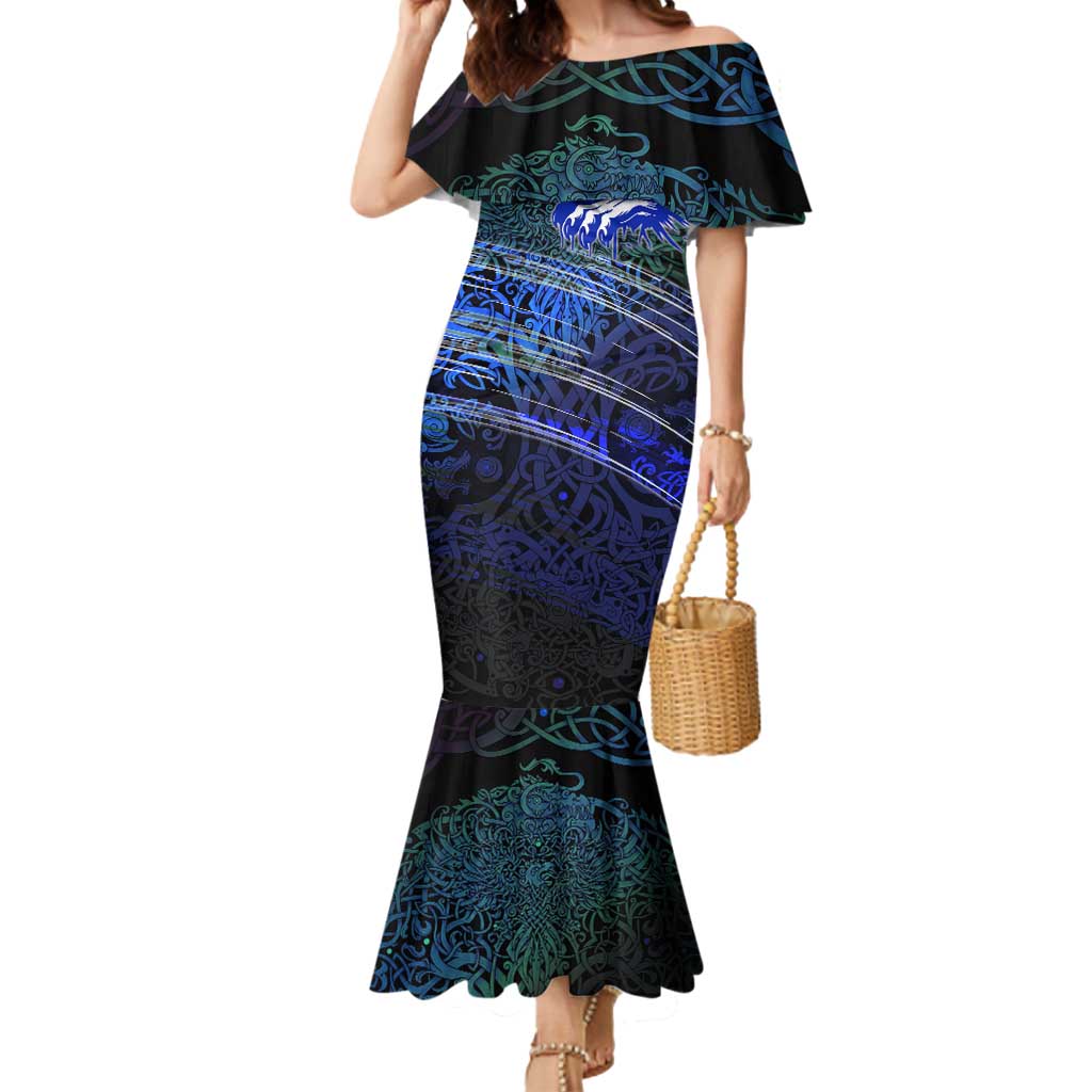 Fenrir Mermaid Dress with Blue Wolf, Runes and Ragnarok End of Gods Tribute - Wonder Print Shop