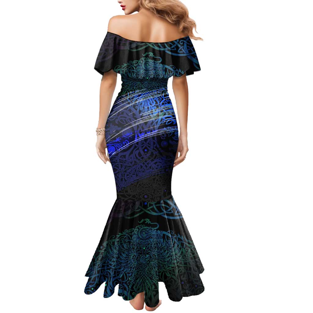 Fenrir Mermaid Dress with Blue Wolf, Runes and Ragnarok End of Gods Tribute - Wonder Print Shop