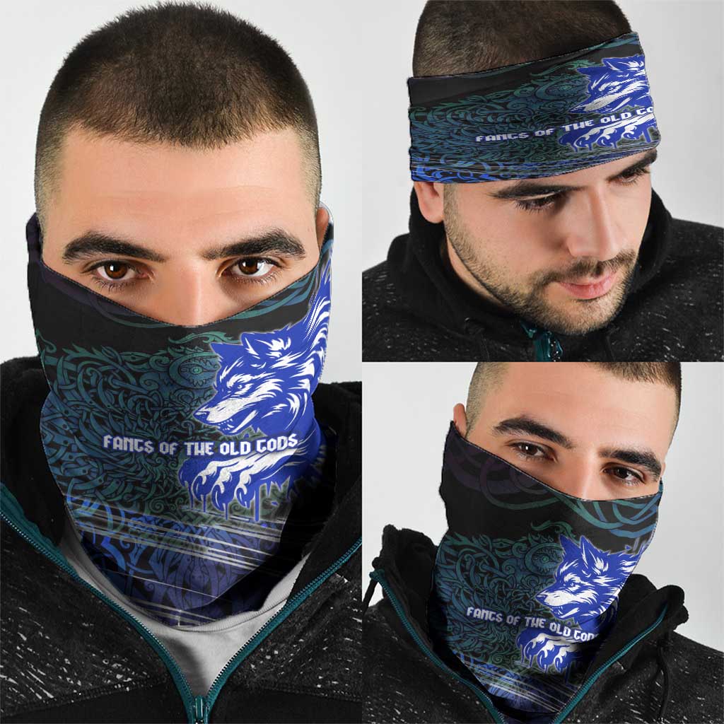 Fenrir Neck Gaiter with Blue Wolf, Runes and Ragnarok End of Gods Tribute - Wonder Print Shop