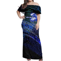 Fenrir Off Shoulder Maxi Dress with Blue Wolf, Runes and Ragnarok End of Gods Tribute - Wonder Print Shop