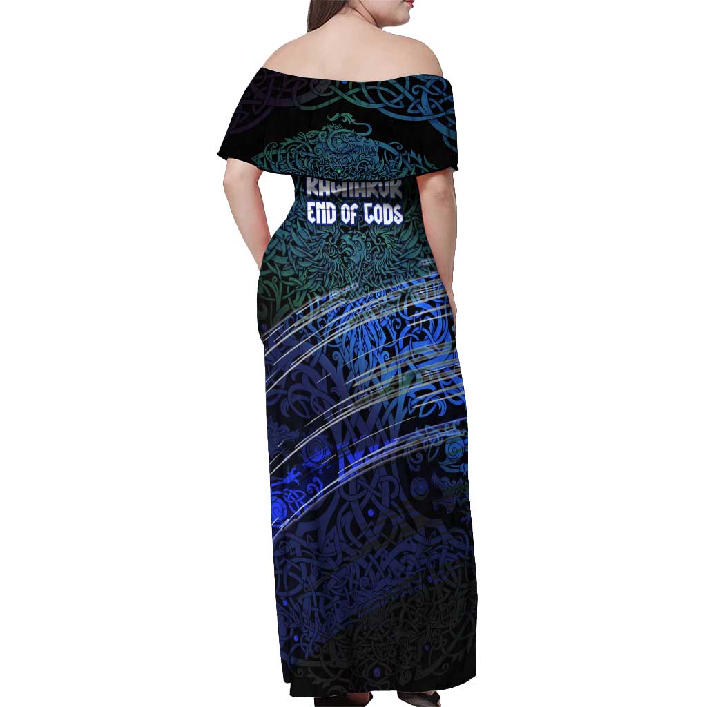 Fenrir Off Shoulder Maxi Dress with Blue Wolf, Runes and Ragnarok End of Gods Tribute - Wonder Print Shop