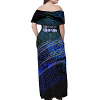 Fenrir Off Shoulder Maxi Dress with Blue Wolf, Runes and Ragnarok End of Gods Tribute - Wonder Print Shop