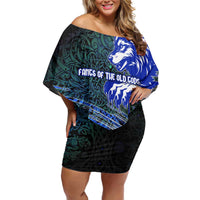 Fenrir Off Shoulder Short Dress with Blue Wolf, Runes and Ragnarok End of Gods Tribute - Wonder Print Shop