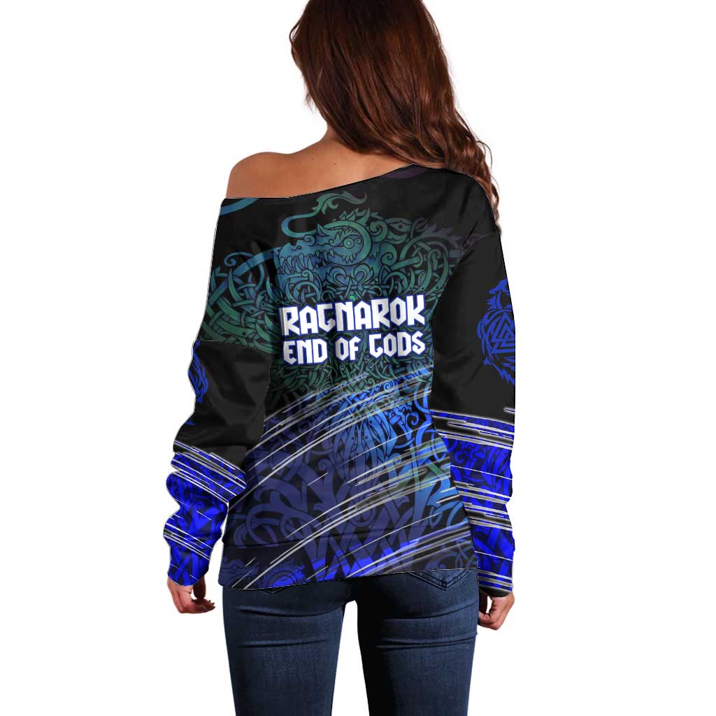 Fenrir Off Shoulder Sweater with Blue Wolf, Runes and Ragnarok End of Gods Tribute - Wonder Print Shop