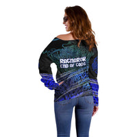 Fenrir Off Shoulder Sweater with Blue Wolf, Runes and Ragnarok End of Gods Tribute - Wonder Print Shop