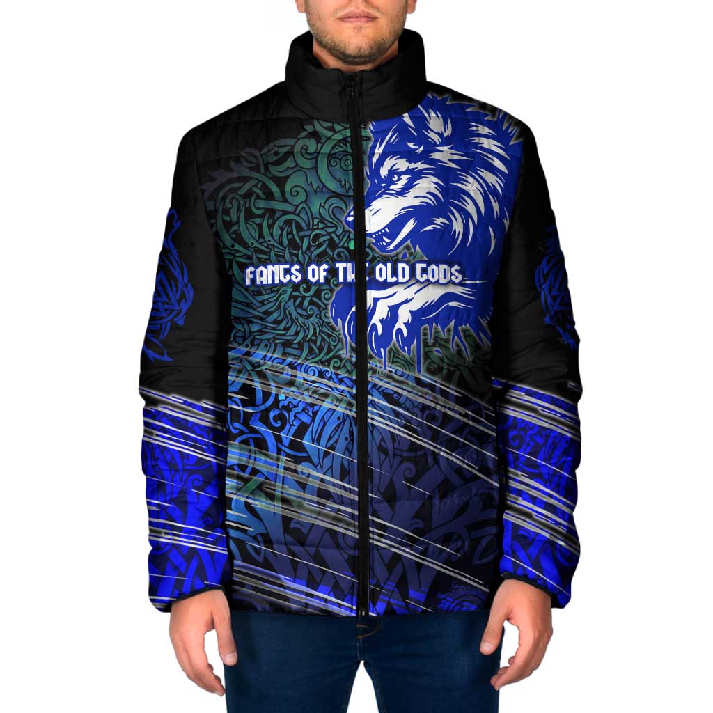 Fenrir Padded Jacket with Blue Wolf, Runes and Ragnarok End of Gods Tribute - Wonder Print Shop