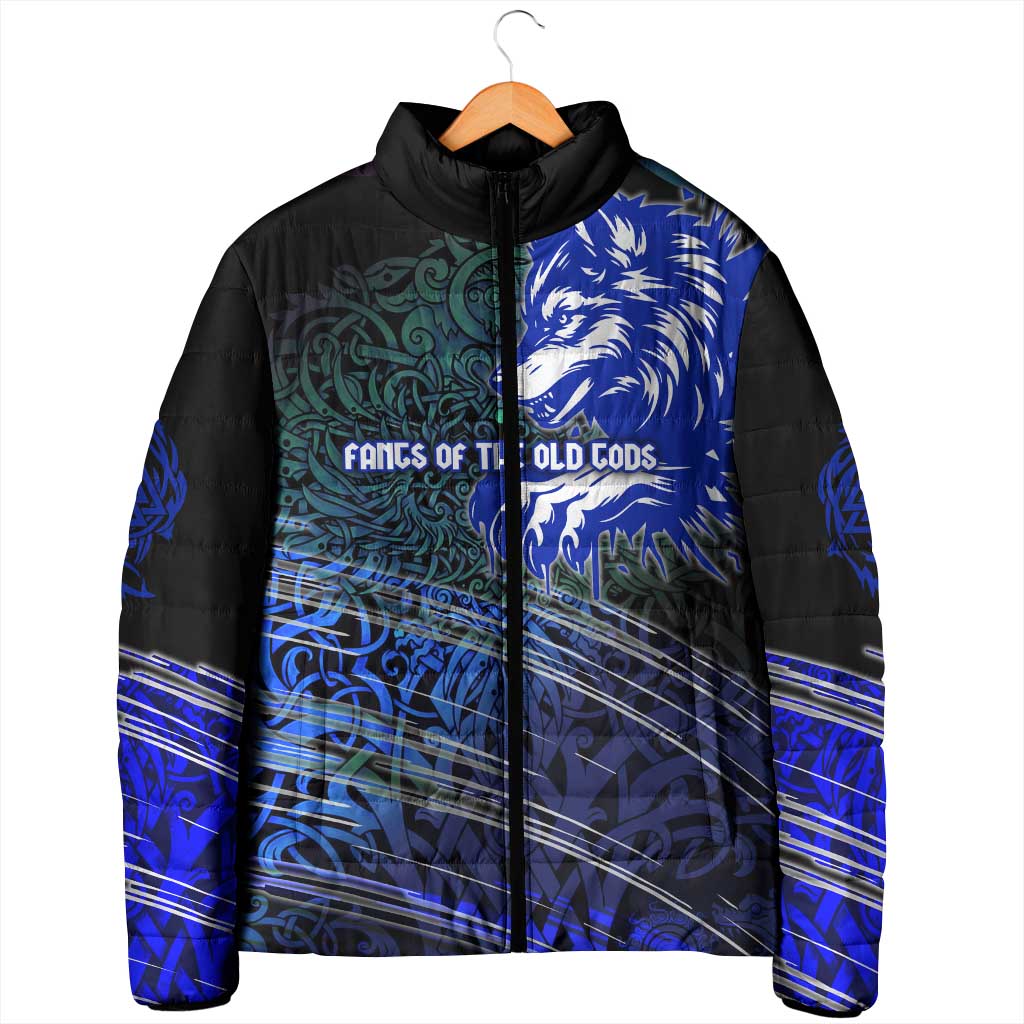 Fenrir Padded Jacket with Blue Wolf, Runes and Ragnarok End of Gods Tribute - Wonder Print Shop