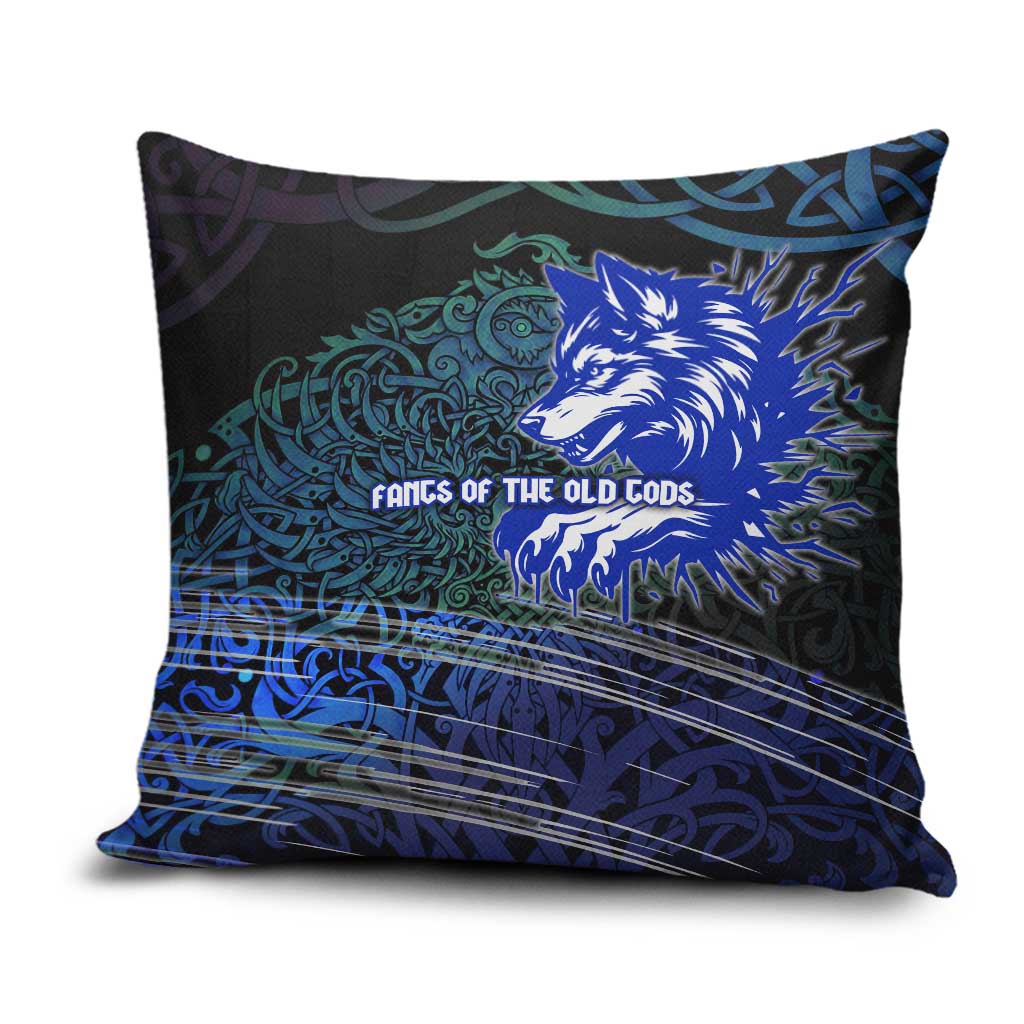 Fenrir Pillow Cover with Blue Wolf, Runes and Ragnarok End of Gods Tribute - Wonder Print Shop