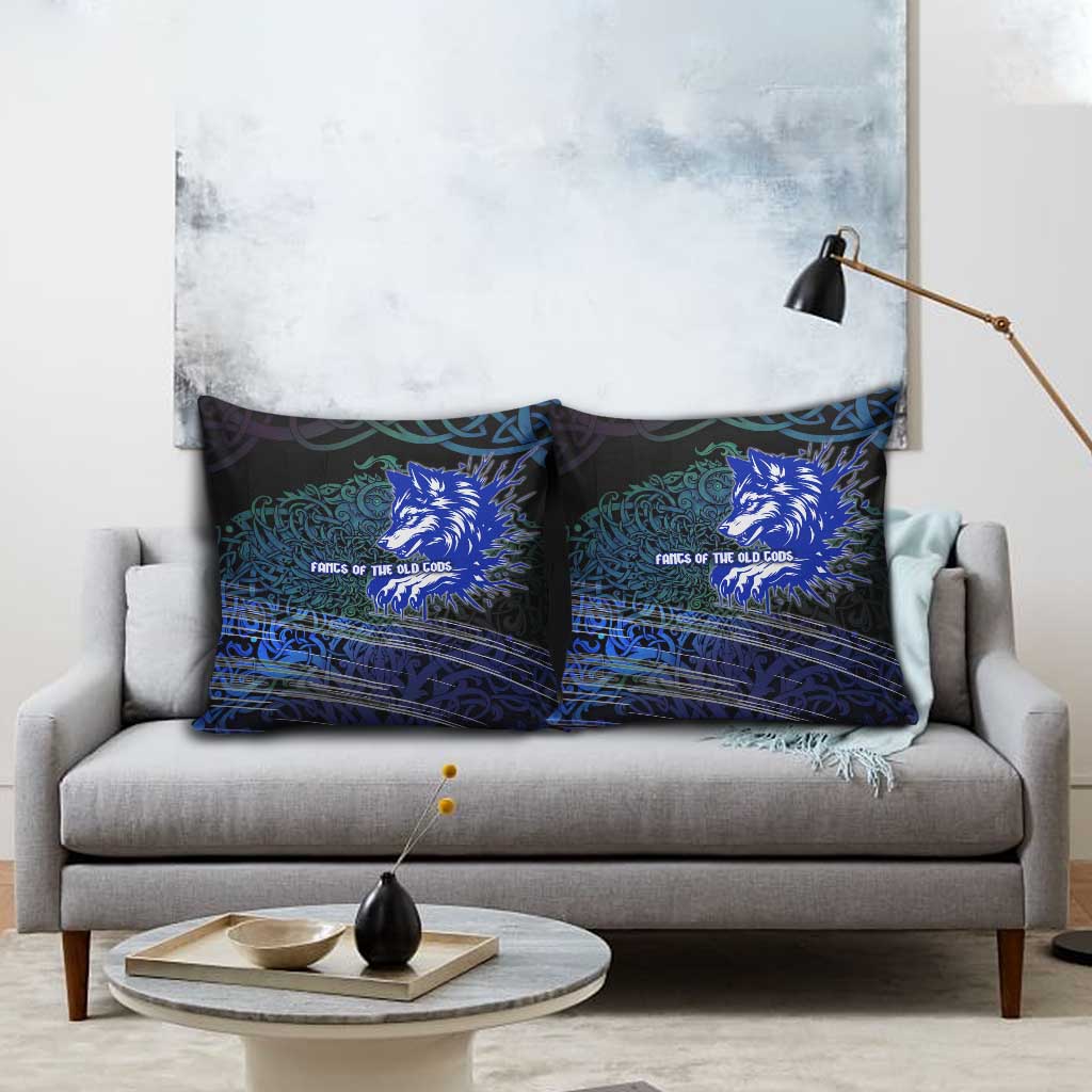 Fenrir Pillow Cover with Blue Wolf, Runes and Ragnarok End of Gods Tribute - Wonder Print Shop