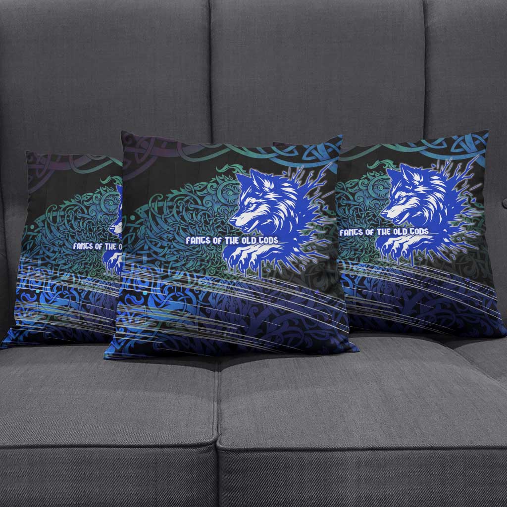 Fenrir Pillow Cover with Blue Wolf, Runes and Ragnarok End of Gods Tribute - Wonder Print Shop