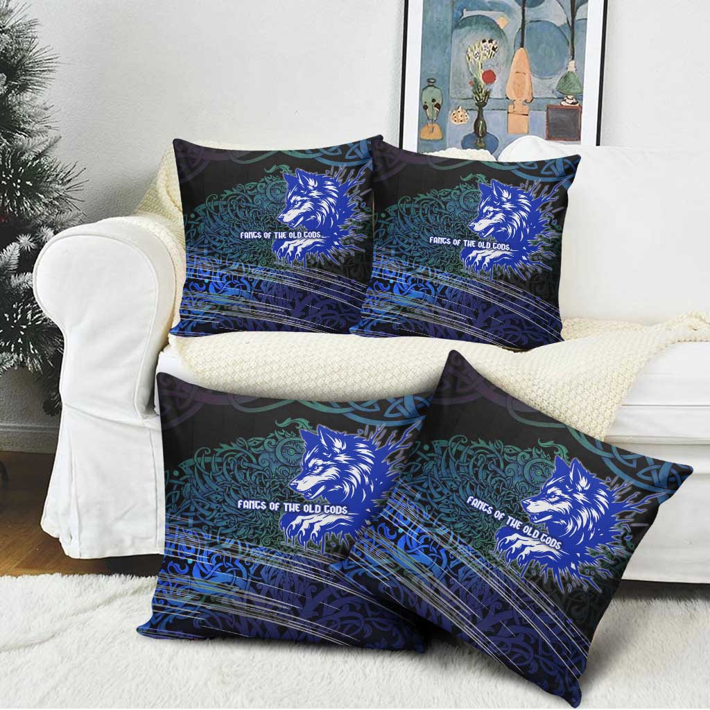 Fenrir Pillow Cover with Blue Wolf, Runes and Ragnarok End of Gods Tribute - Wonder Print Shop