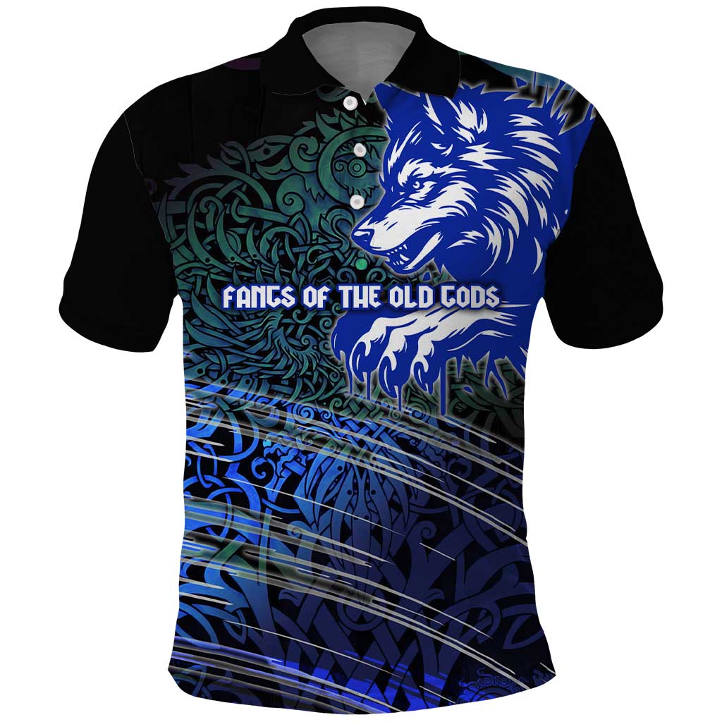Fenrir Polo Shirt with Blue Wolf, Runes and Ragnarok End of Gods Tribute - Wonder Print Shop