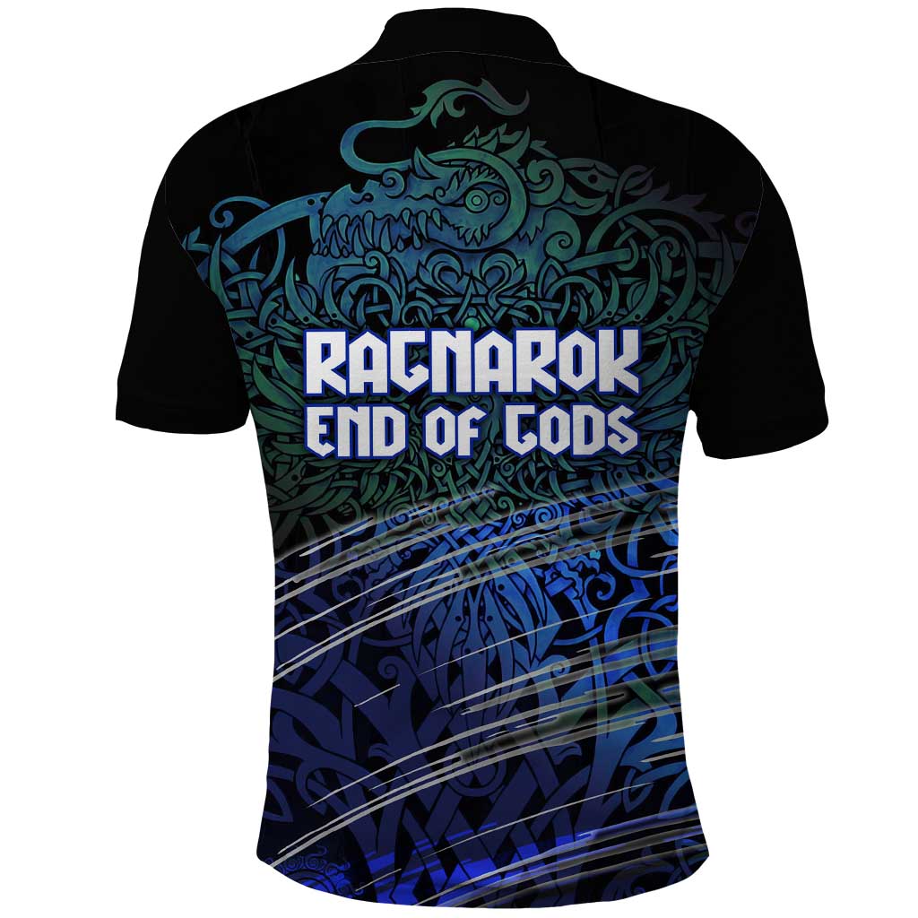 Fenrir Polo Shirt with Blue Wolf, Runes and Ragnarok End of Gods Tribute - Wonder Print Shop