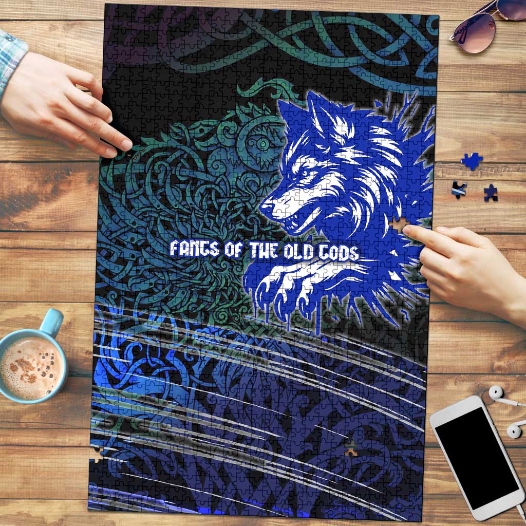 Fenrir Puzzle with Blue Wolf, Runes and Ragnarok End of Gods Tribute - Wonder Print Shop
