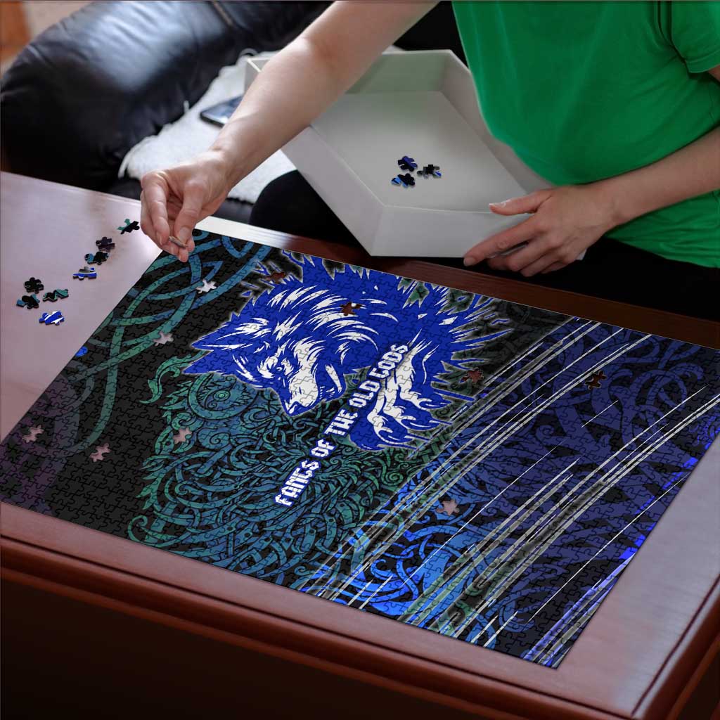 Fenrir Puzzle with Blue Wolf, Runes and Ragnarok End of Gods Tribute - Wonder Print Shop