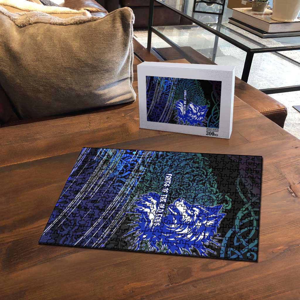 Fenrir Puzzle with Blue Wolf, Runes and Ragnarok End of Gods Tribute - Wonder Print Shop