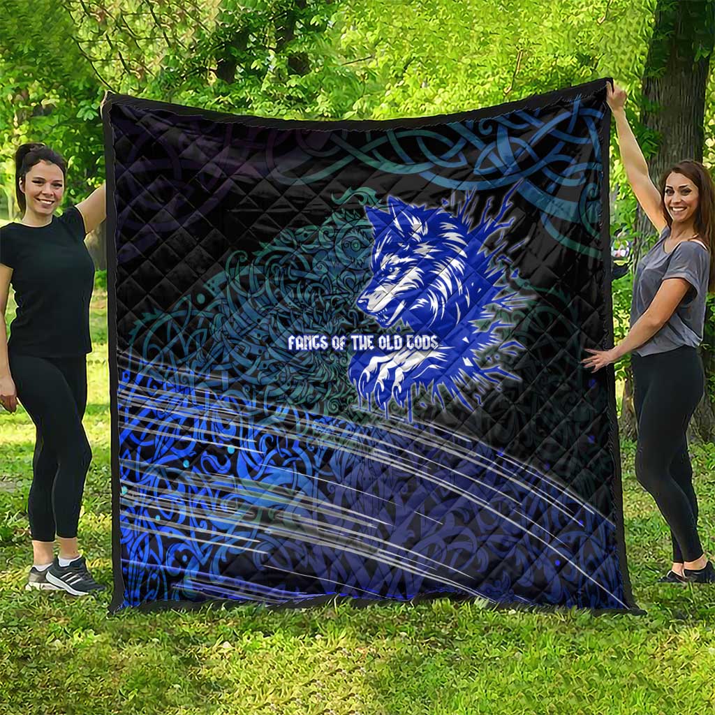 Fenrir Quilt with Blue Wolf, Runes and Ragnarok End of Gods Tribute - Wonder Print Shop