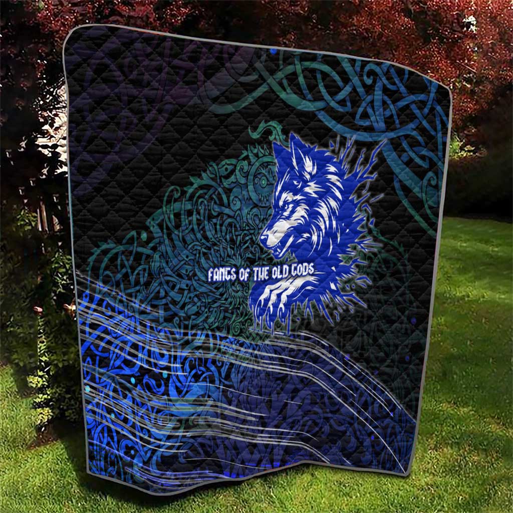 Fenrir Quilt with Blue Wolf, Runes and Ragnarok End of Gods Tribute - Wonder Print Shop